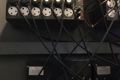 Overview of the hard patch - numbered plugs at the bottom of the photo connect into the dimmer packs on the wall above them. (c) Theatrecrafts.com