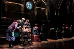 L-R: Sandy McDade (Trolley Witch), Anthony Boyle (Scorpius Malfoy), Sam Clemmett (Albus Potter) and the cast of Harry Potter and the Cursed Child. Photo by Manuel Harlan (from the official website)